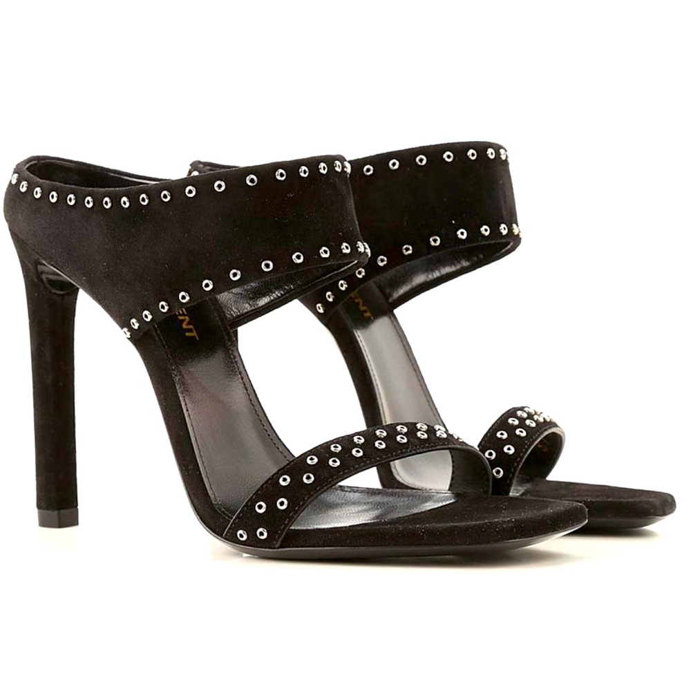 Saint Laurent Black Suede Silver Studded Mica Stud Mule Sandals